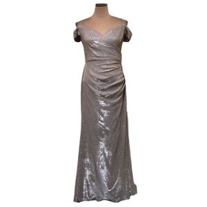 Oleg Cassini Formal Maxi Dress Size 6 Rose Gold Pink Silver Off Shoulder Gown